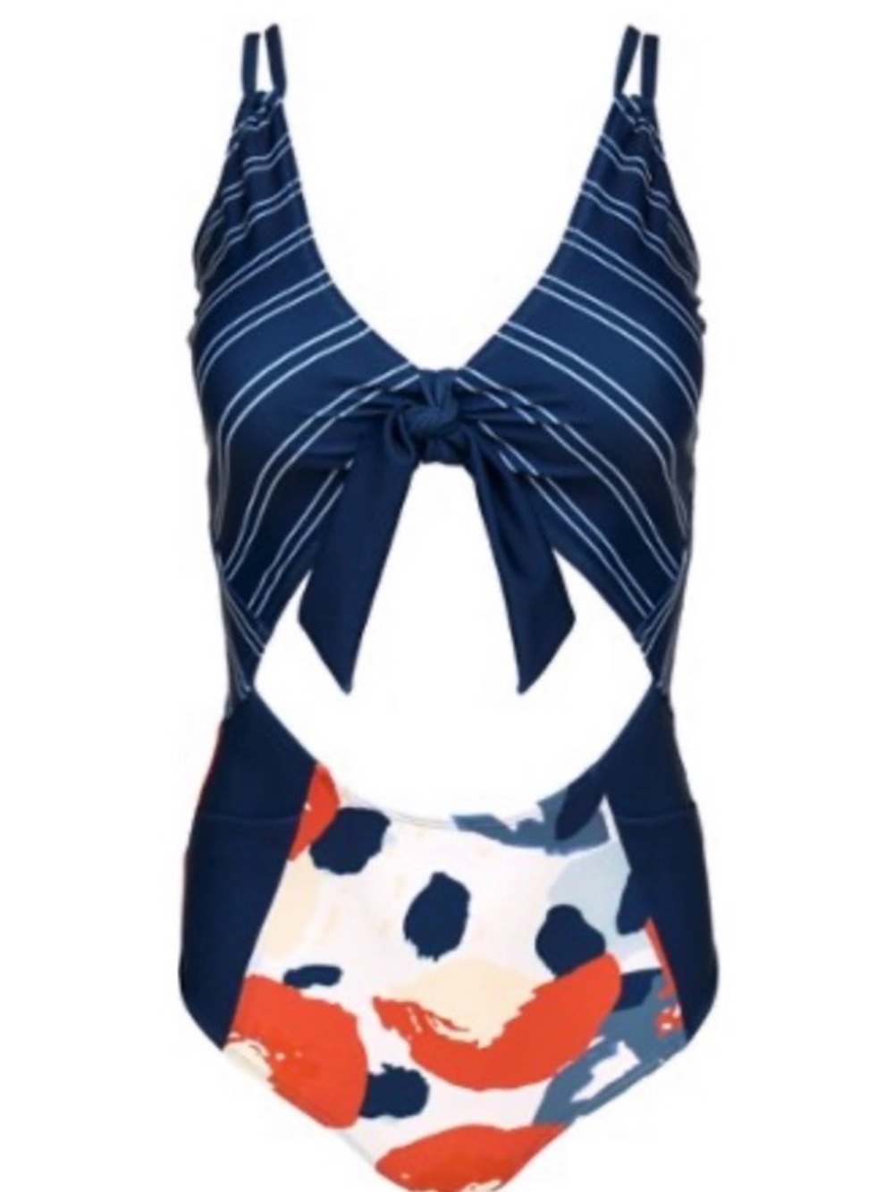 NANI NWOT Navy Striped Tie-Front One-Piece Swimsuit with Abstract Print small S